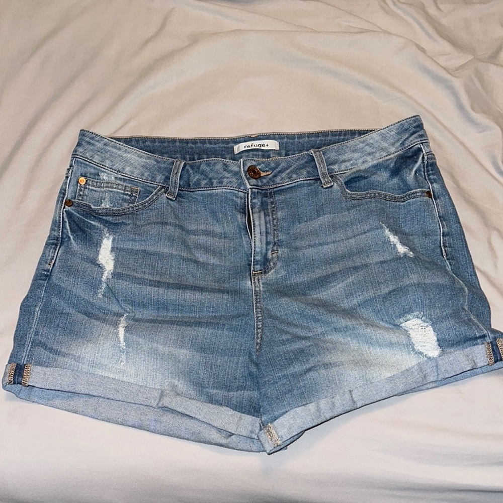 refuge Light Blue Distressed Roll-Hem Denim Shorts